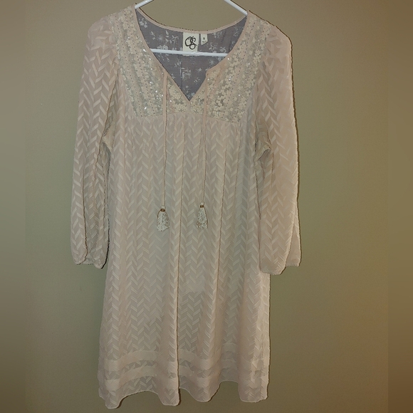 Anthropologie Dresses & Skirts - OS Beige Dress with Lace Detailing And Tassels, Size S
